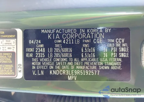 2024 Kia Niro Ex z USA, uszkodzony, nr VIN KNDCR3LE9R5192577